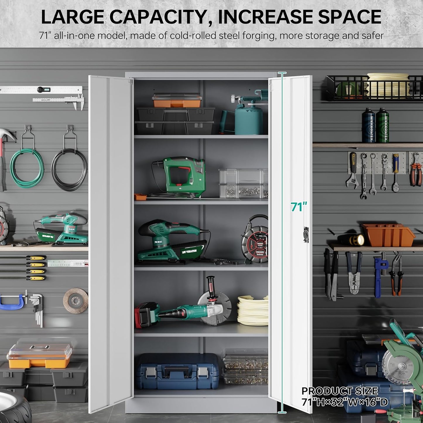 SISESOL Storage Cabinet with Doors and Shelves,71" Metal Storage Cabinet with Lock Door Adjustable Shelf, Steel Lockers for Office, Home,School,Kitchen,Garage Tool Utility Cabinet