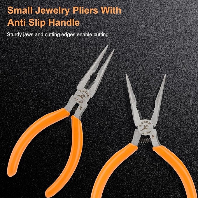 Rongon Small Needle Nose Pliers, 5” Long Nose Plier for Wire Bending, 2 Pack High Carbon Steel Serrated Jaw Pliers for Electronics & Jewelry, Stainless Steel Craft Tools with Non-Slip Grips(2Pcs)