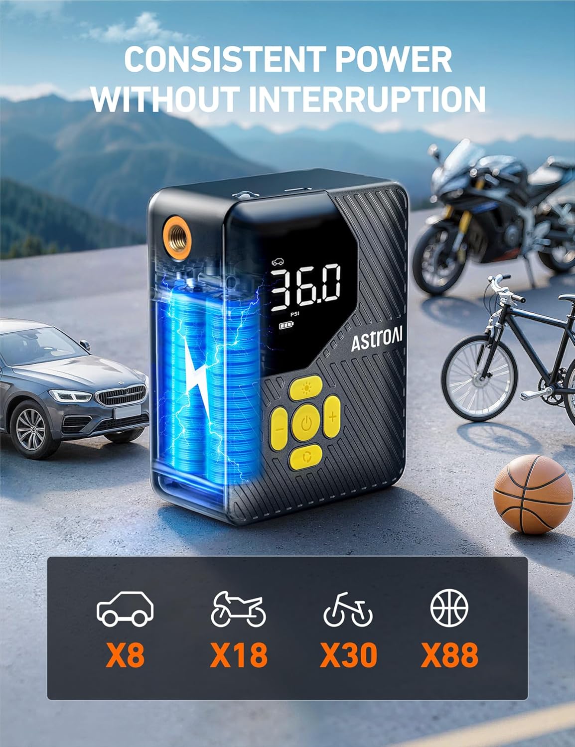 AstroAI L7 Mini Tire Inflator Portable Air Compressor,150 PSI Cordless Car Tires Air Pump with LED Lights&Pressure Gauge,Auto Shut-Off - Tire Pump for Auto,Motorcycle, Bicycle, Ball Yellow