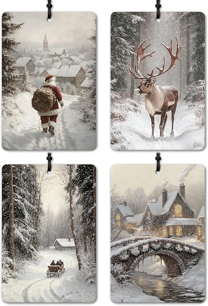Winter Christmas Car Air Freshener 4 Pcs, Winter Santa Reindeer Forest Hanging Air Freshener for Cars Closet Drawer Books, Christmas Car Accessories for Women Men