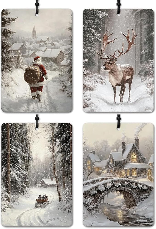 Winter Christmas Car Air Freshener 4 Pcs, Winter Santa Reindeer Forest Hanging Air Freshener for Cars Closet Drawer Books, Christmas Car Accessories for Women Men
