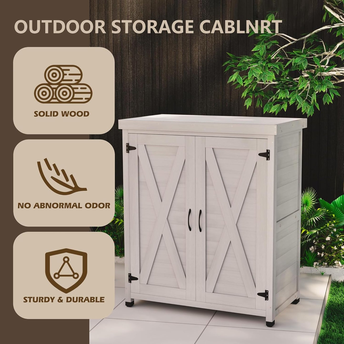 Outdoor Storage Shed Waterproof, Potting Shed with Storage Cabinet and Metal Table Top for Backyard Garden Patio,Outdoor Work Station Table