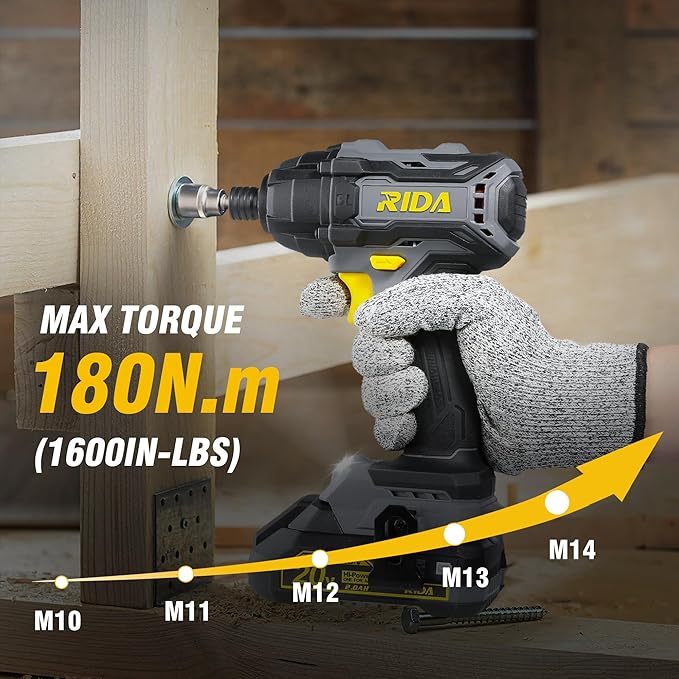 RIDA Cordless Brushless Impact Driver 180N.m, 20V Electric Impact Drill/Driver Set 1/4" All-Metal Hex Chuck,Variable Speed 2.0Ah Battery & Fast Charger, 25 Pcs S2 Bits & Tool Bag for Home DIY Use