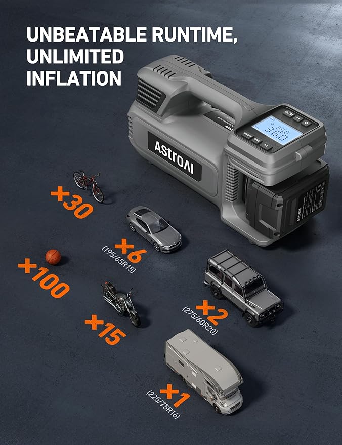 AstroAI TC4 Portable Air Compressor Tire Inflator, 470W 18V Cordless Air Pump for Truck Tires with 4000mAh Battery, 150PSI Heavy Duty Air Compressor with Digital Display for Car, RVs, SUV Gift Gray