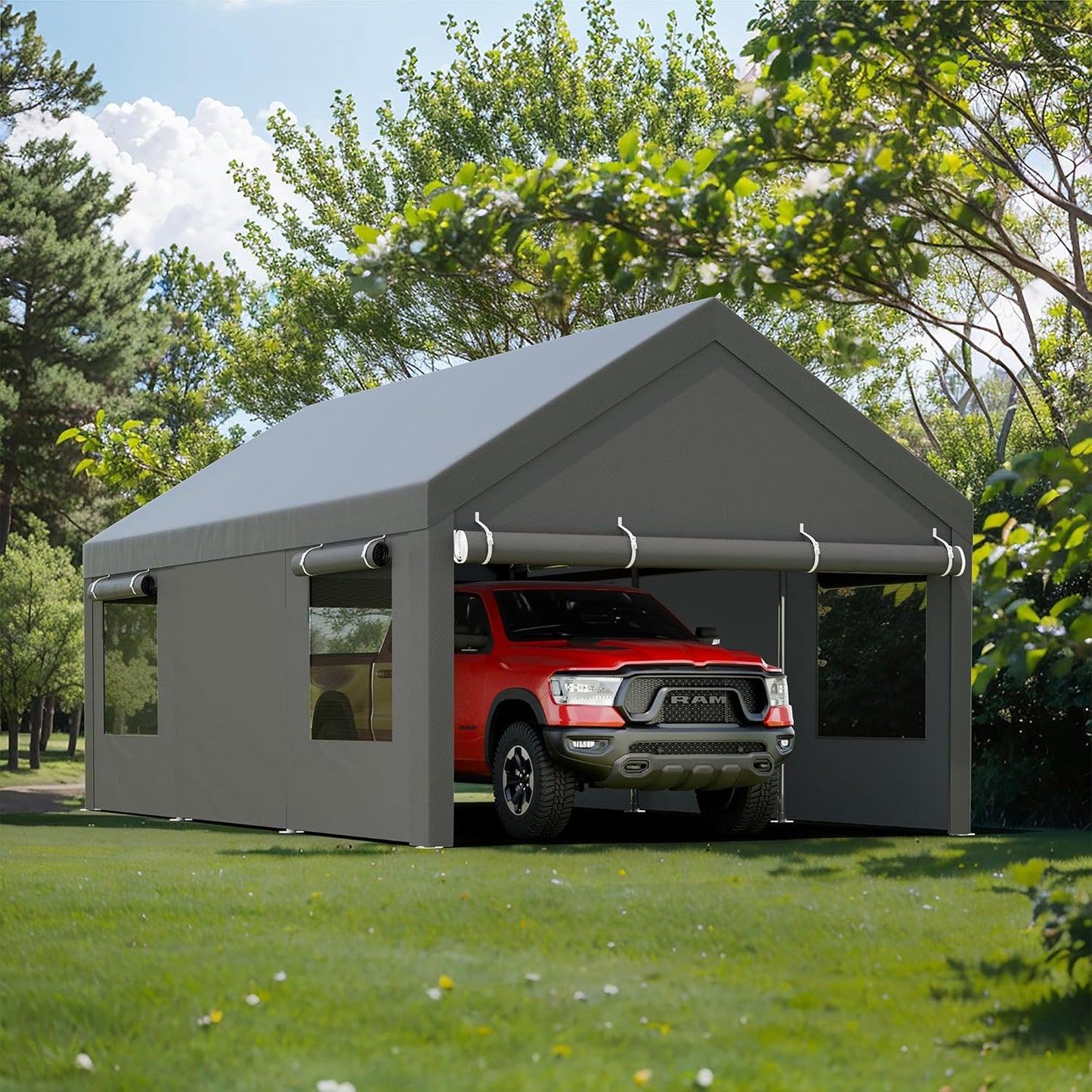 JY QAQA 10x20 FT Heavy Duty Carport with Removable Side Walls and Doors, Portable Garage with Roll-Up Window and Sandbags, Car Canopy with All-Season Tarp for Cars, Trucks, Boats, Grey