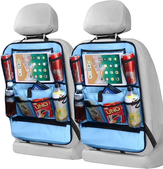LUCMO Car Backseat Organizer with Touch Screen Tablet Holder-2 Pcs,9 Storage Pockets Car Storage Organizer Protectors Kick Mats Travel Accessories for Kids-Light Blue