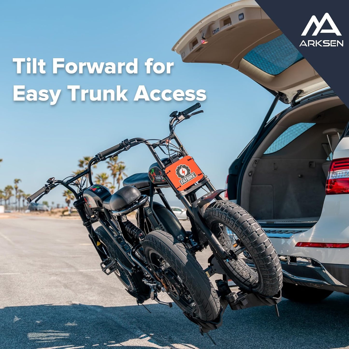 Arksen Electric Bike Rack Hitch, Foldable Quick Release Smart Tilting 2 Ebike Rack Platform Style Carrier w/Car Lock for Up to 5.5" Fat Tires for Car, SUV, Trucks - 170 lbs Heavy Weight Capacity