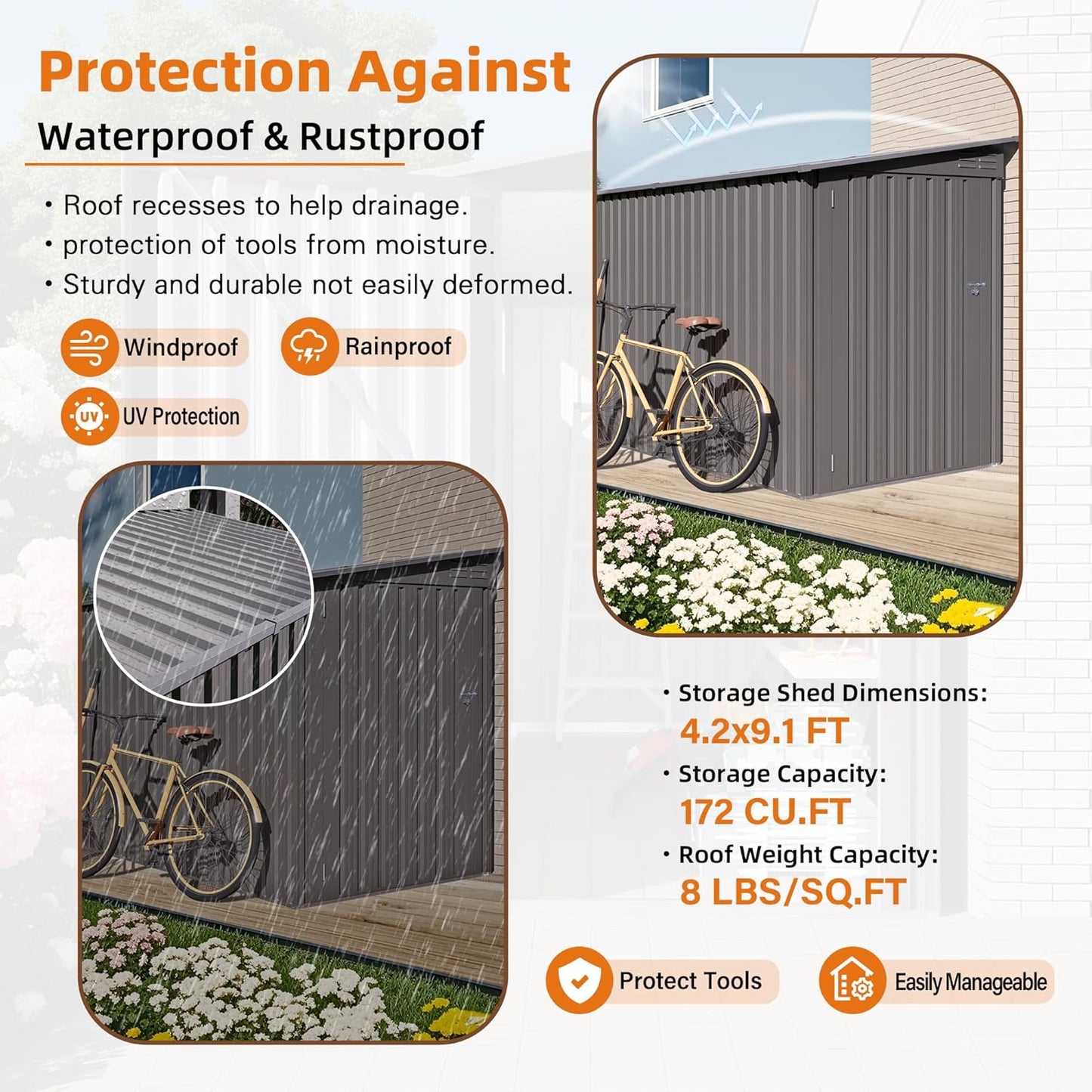 4x9 FT Lean to Shed with Windows, Metal Sheds & Outdoor Storage with 6 Vents and 1 Side Open Door, Outdoor Storage Shed Waterproof for Backyard, Garden, Patio, Gray