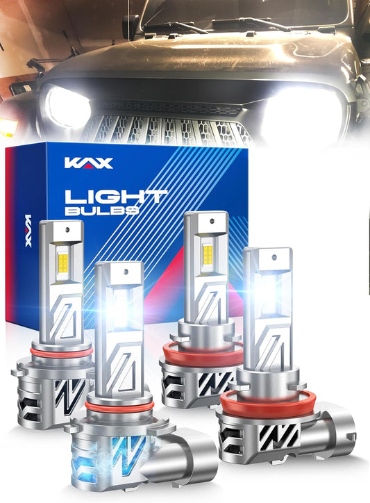 KAX 2025 10X Brightener 9005 H11 Led Bulbs Combo for Car Owners, 100000Lm HB3 H9 for Drivers at Night, H11 During Bad Weather, HB3 H8 1:1 Real Size, 100000 Hours Lifespan, 99% Fit Vehicles, 4 Pack