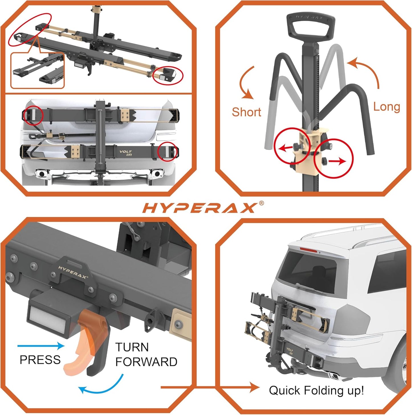 HYPERAX Volt Lift SP -E Bike Hitch Mount Platform Style 2 Bikes Carrier for Car, SUV, Truck, Sedan, Tilting e-Bike Rack for Hitch Fits Up to 2 * 80 lbs Bike -NO RV USE!