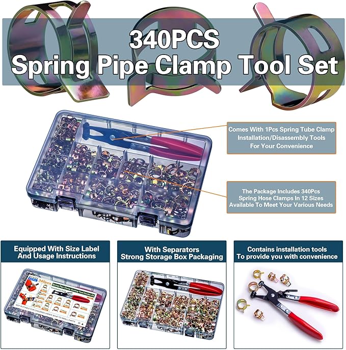 Spring Pipe Clamps340PCS, With Spring Pipe Clamp Tools, 12 Sizes 6-22mm Spring Hose Clamps, Used To Fix Hose Interfaces In Automotive, Marine, Gardening, Industrial Applications