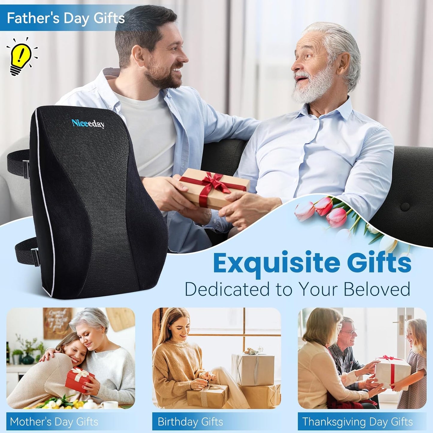 Lumbar Support Pillow for Office Chair Car Back Support Pillow, Memory Foam Gaming Chair Desk Chair Back Cushion for Lower Back Pain Relief, Ergonomic Back Rest with Double Adjustable Straps