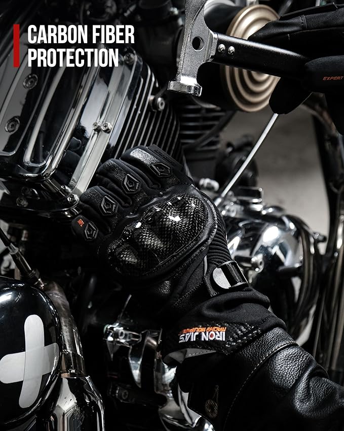 BORLENI Winter Motorcycle Gloves for Men, CE Level 1 KP Protection, Touchscreen Windproof Waterproof Warm Riding Gloves with Carbon Fiber Shell for Cold Weather