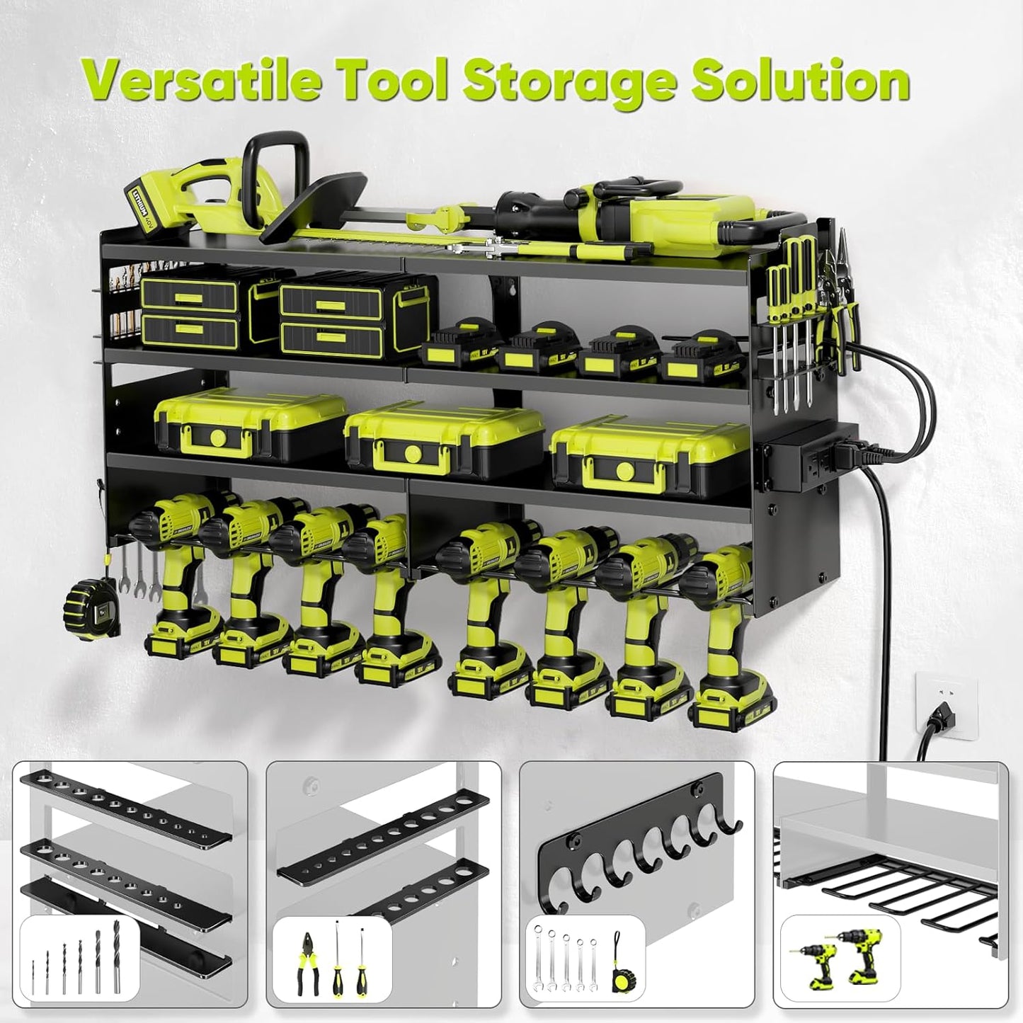 Large Power Tool Organizer Wall Mount with Charging Station,4 Layer Heavy Duty Metal Tool Storage Rack Loads 600lbs with 8 Cordless Drill Holder,Battery Utility Rack Loads with 4 Power Strip