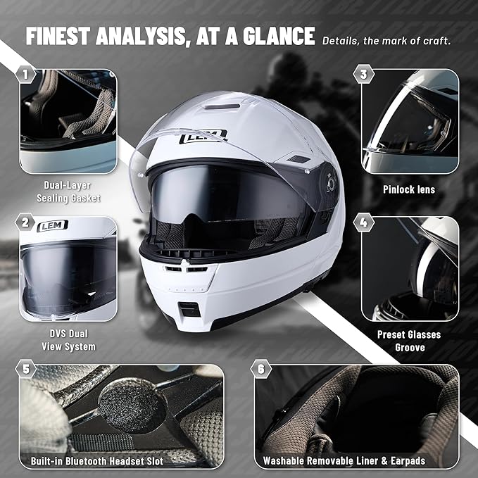 LEM Modular Motorcycle Helmets Fiberglass, Full Face Motorcycle Helmet Flip Up for Touring, DOT Certified, Release Sun Visor & Removable Comfort Liner, Lightweight Street Bike Helmet (White, XL)