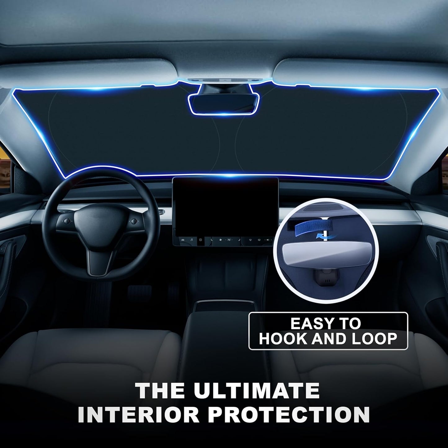 Econour Tesla Windshield Sun Shade for Model 3 and Y | Reflective 240T Material Blocks Sun & Heat | Offers Protection for Car Interior | Foldable Sun Blocker with Storage Pouch | Tesla Car Accessories