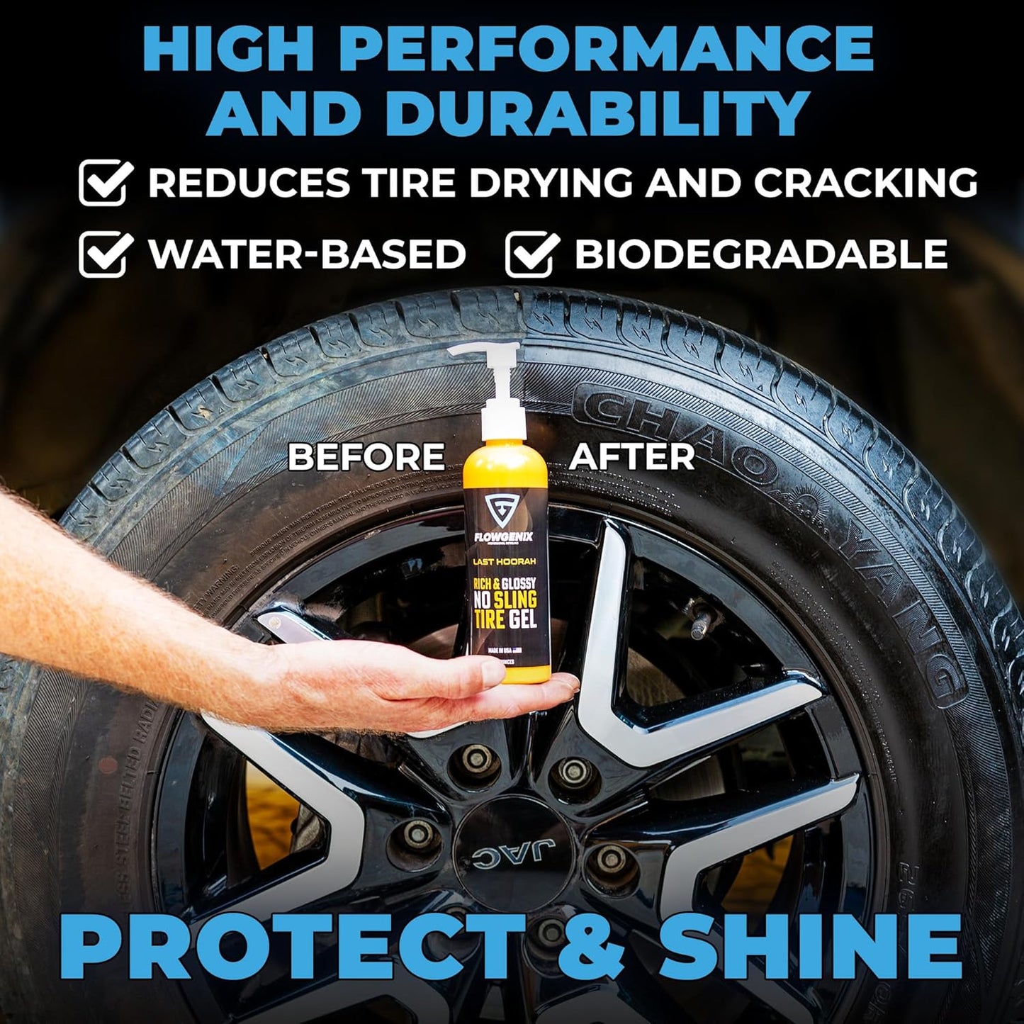 Tire Shine Gel Coating and Dressing (8oz) - High Gloss Wheel Tire Shine for Cars - No-Sling Anti-Stick Protection, Works on Rubber, Plastic, Vinyl - Incl 2 Microfiber Towels
