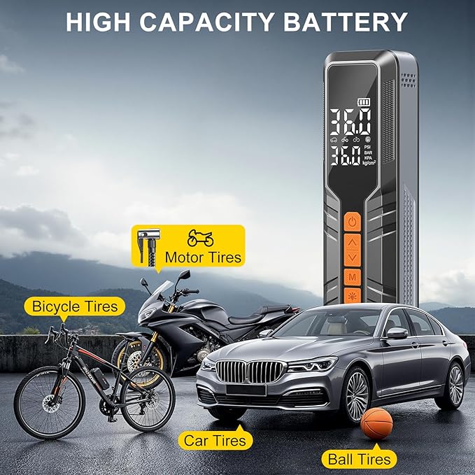 Tire Inflator Portable Air Compressor - 150PSI Cordless Air Pump for Car Tires, Portable Tire Inflator for Car, DC 12V Air Compressor with Pressure Gauge/LED Light for Auto/Bike/Motorcycle/Ball