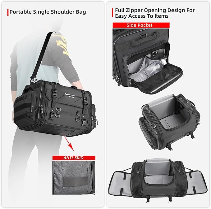 Rhinowalk Motorcycle Tail Bag Waterproof Saddle Bag 33L to 45L Expandable Durable Motorbike Helmet Bag with Rain Cover & Straps, Touring Luggage for Powersports Travel (45L, Black)