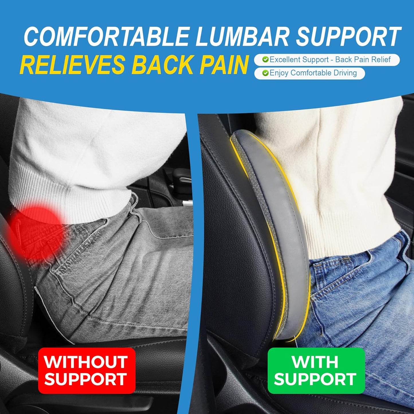 Memory Foam Lumbar Support Cushion Relieves Lower Back Pain for Car, Office Chair, and Wheelchair Use, 4D Mesh Cover, Gray