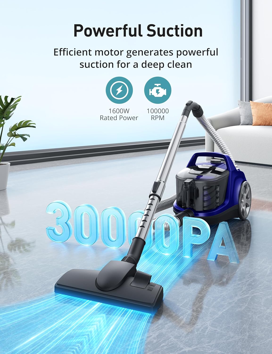 Aspiron Canister Vacuum, Upgraded 1600W Bagless Canister Vacuum Cleaner, Auto Cord Rewind, H13 HEPA Filter, 3.7Qt Large Capacity, 5 Tools for Hard Floors, Carpet, Pet, Upholstery, Tiles, Car, White