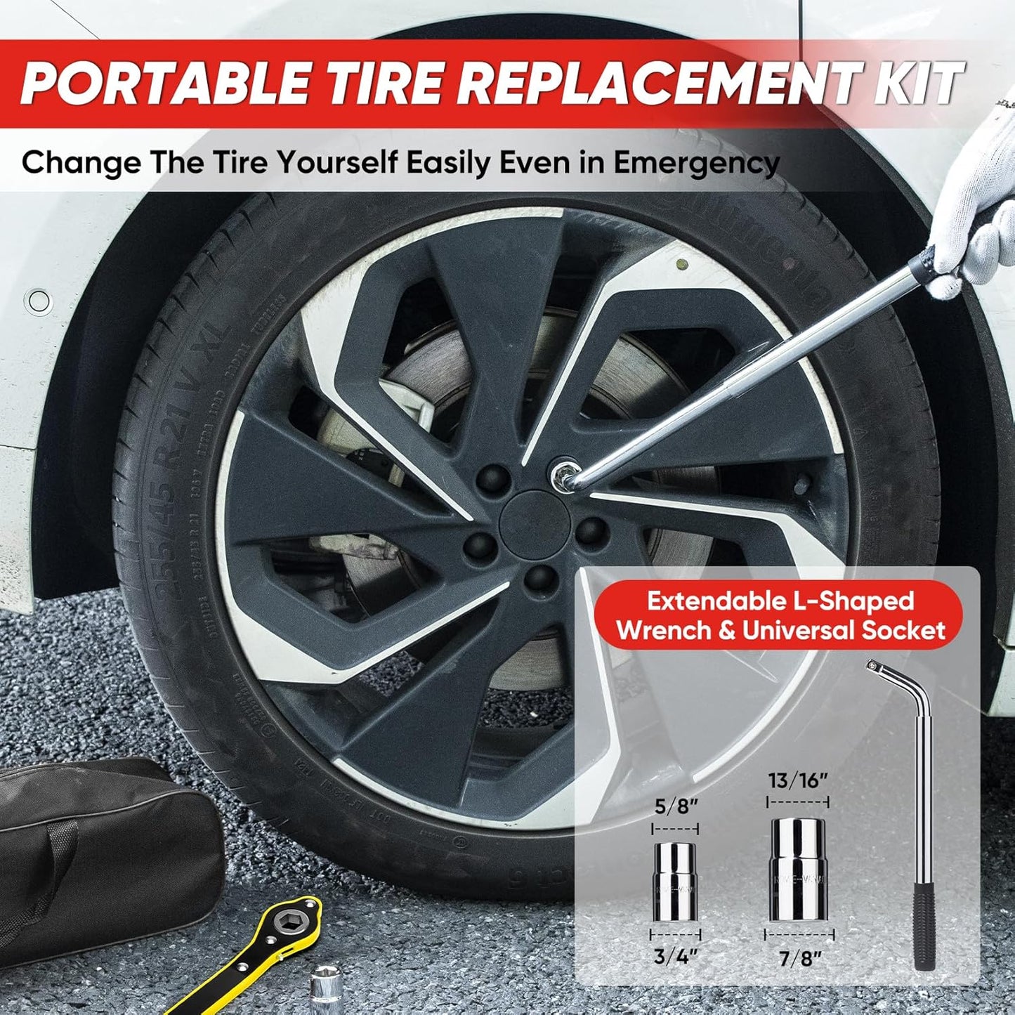 SHALL Scissor Jack Kit - 2 Ton (4409lbs) - Extended & Widened Base, 360° Rotatable Rubber Pad - Tire Change Kit with Ratchet & Lug Wrench - Universal Car Jack Kit for Emergency Roadside Needs