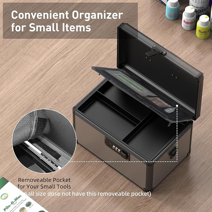 Medicine Lock Box with Code, Locking Medicine Box with Removable Tray & Pocket Bag, Portable First Aid Box for Home, 12 * 7.7 * 7.9 Inch (Black)