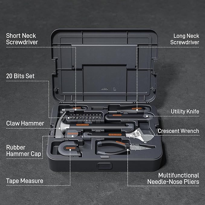 Teslong 27 Pcs Home Repair Tool Kit, Basic Hand Tool Set with Storage Case, Screwdriver, Wrench, Hammer, Tape Measure, Pliers, Utility Knife, Household Essentials tool Set for Car Dorm Repairs & DIY