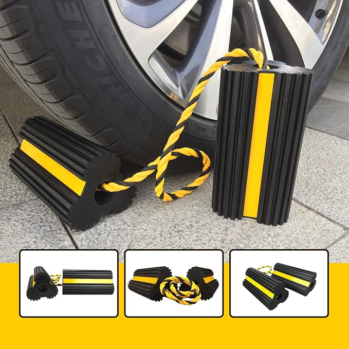 2 Pair Rubber Heavy Duty Dual Wheel Chocks Front and Back, RV Leveling Blocks Non Slip Base with Nylon Rope Yellow Reflective Tape for Travel Trailers, Car, Camper, Truck (4 Pack)