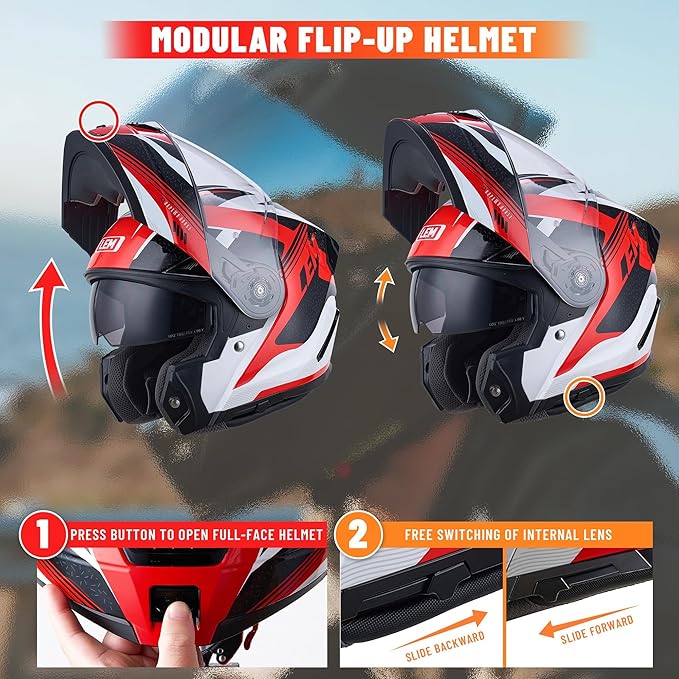 LEM Modular Motorcycle Helmets Fiberglass, Full Face Motorcycle Helmet Flip Up for Touring, DOT Certified, Release Sun Visor & Removable Comfort Liner, Lightweight Street Bike Helmet (Red/White,L)