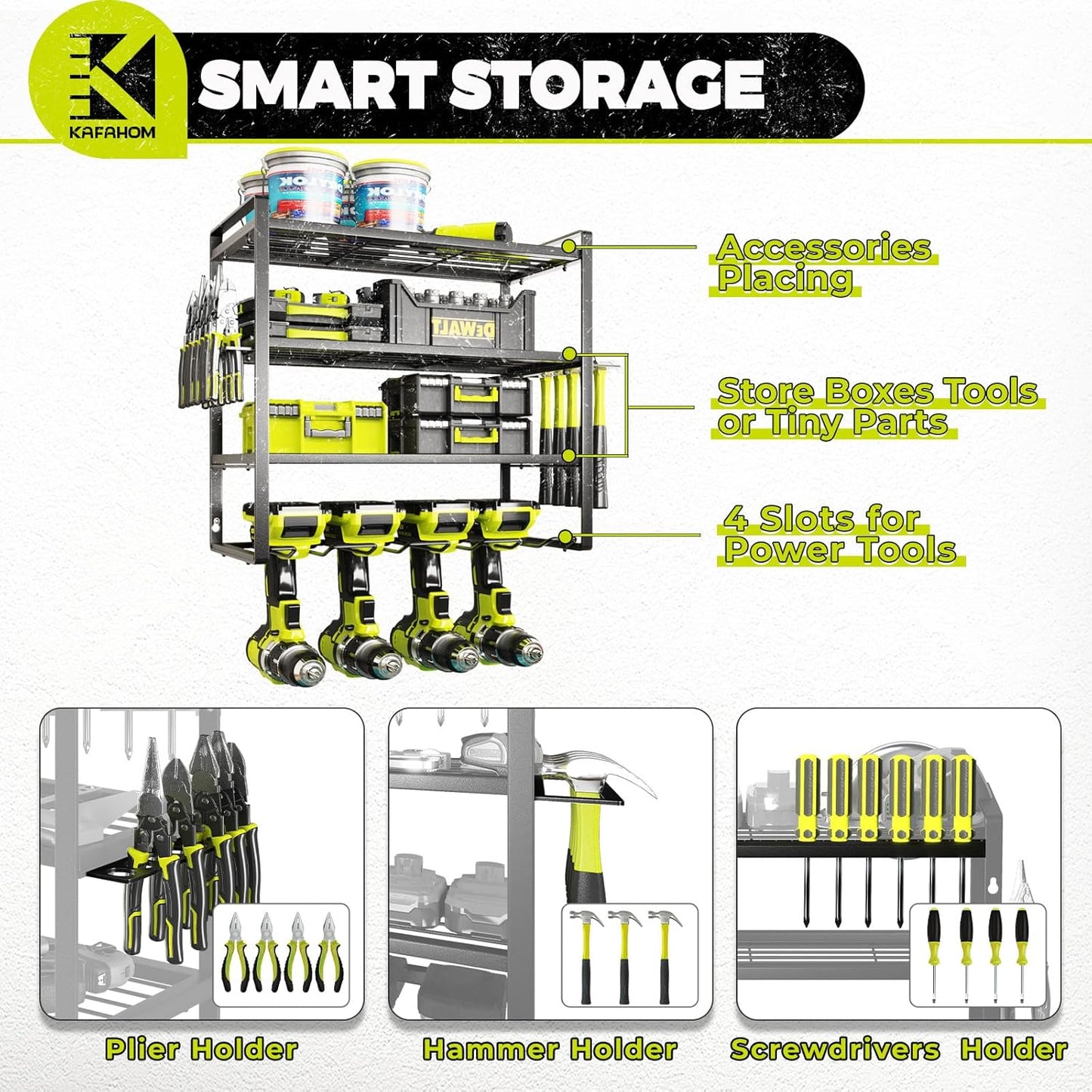 KAFAHOM Power Tool Organizer, Garage Tool Organizers and Storage,Drill Holder Wall Mount, Storage Rack for Cordless Drill, Heavy Duty Tool shelf with Screwdriver Holder/Pliers Holder/Hammer Holder