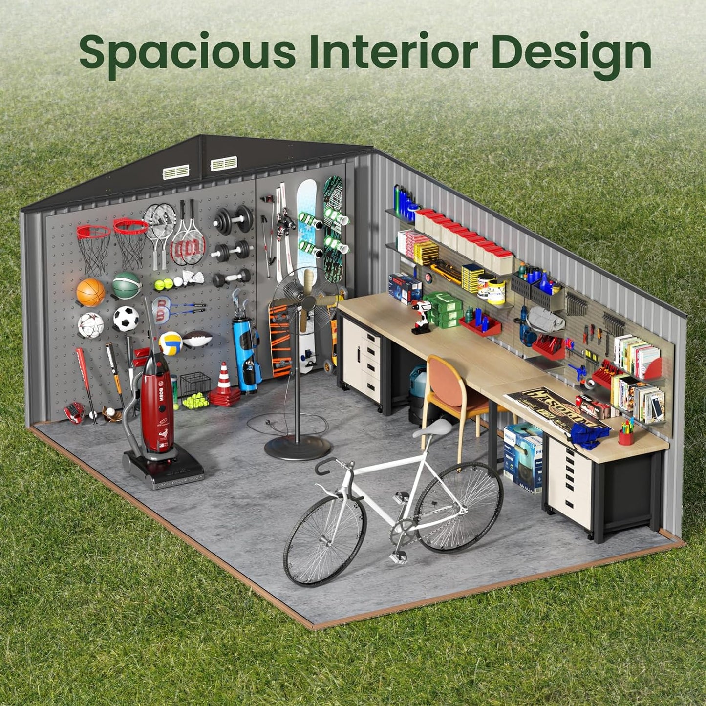 GVDV 10x14 FT Outdoor Metal Storage Shed, Durable Garden Shed with Updated Frame Structure for Backyard, Patio, Tool Storage, All-Weather Shelter for Bike, Gardening Tools, Lawn Mowers