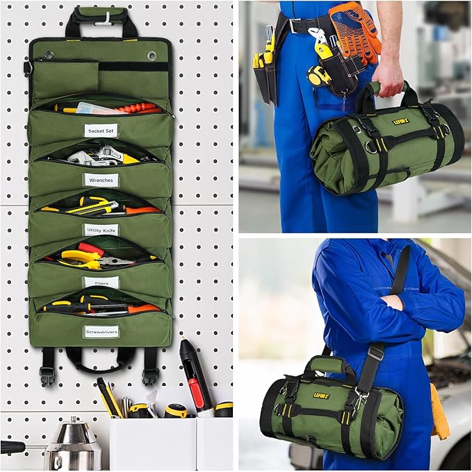 Tool Bag,Large Roll Up Tool Bag Organizer,13 Pockets Tool Roll Storage Pouch,Heavy Duty Portable Tool Storage Carrier Bag for Men,Mechanic,Electrician & Hobbyist,Green