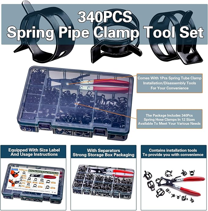 Spring Pipe Clamps340PCS, With Spring Pipe Clamp Tools, 12 Sizes 6-22mm Spring Hose Clamps, Used To Fix Hose Interfaces In Automotive, Marine, Gardening, Industrial Applications