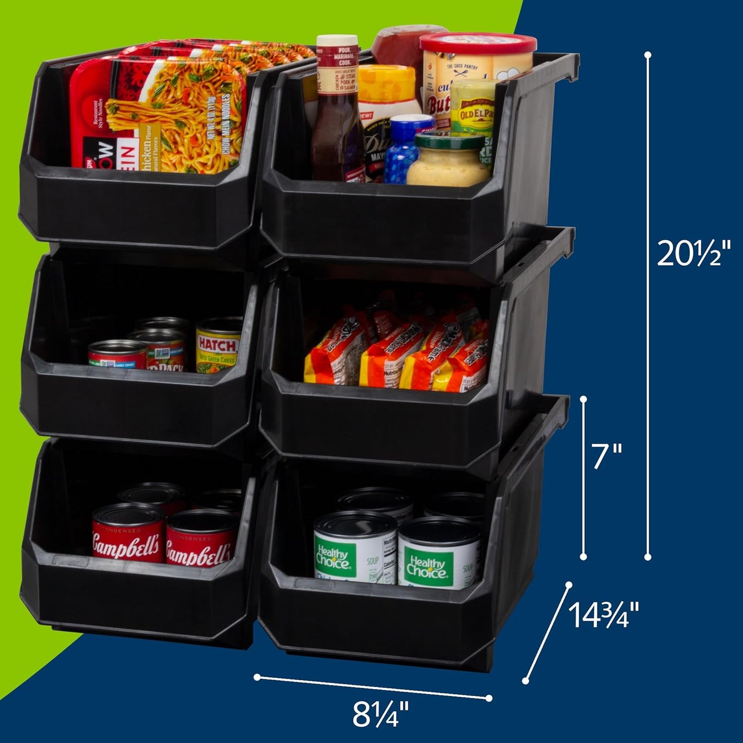 Plastic Containers for Organizing and Storage Bins for Closet, Kitchen, Office, Garage or Pantry Organization, Stackable Bins, Large (14.8" x 8" x 7"), 6-Pack, Black