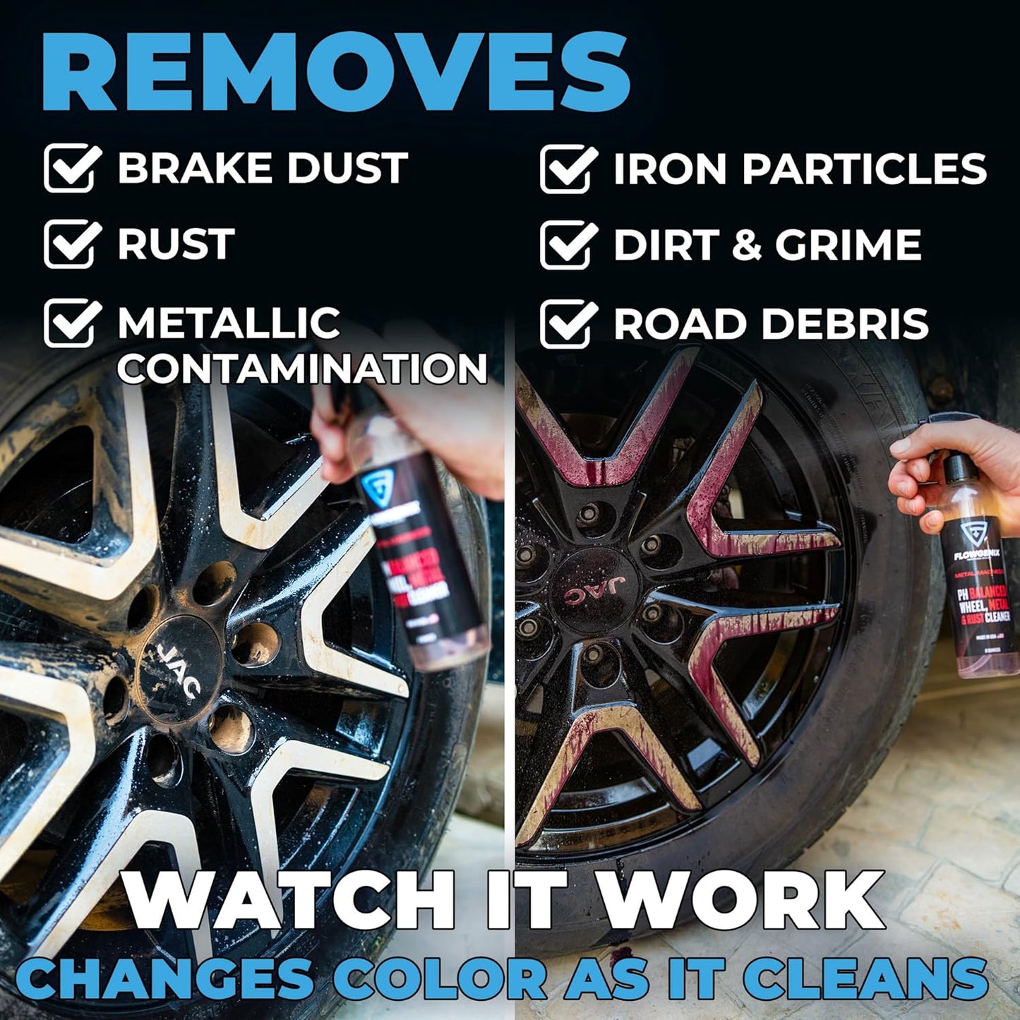 Car Wheel Cleaner Spray (8oz) - Iron Remover Car Detailing Rim Cleaner - PH Balance Wheel Brake Dust Remover - Includes 2 Microfiber Towels