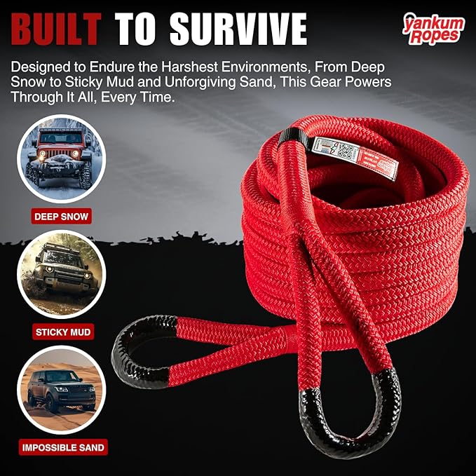 Yankum Kinetic Recovery Rope - Heavy Duty 3/4" x 30' Tow Rope, Off-Road & Vehicle Recovery, Kinetic Energy Ropes for 4x4, Jeep, and Trucks, Made in USA – Rubber Boa Series