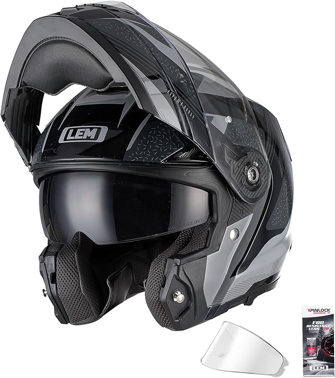 LEM Modular Motorcycle Helmets Fiberglass, Full Face Motorcycle Helmet Flip Up for Touring, DOT Certified, Release Sun Visor & Removable Comfort Liner, Lightweight Street Bike Helmet (Grey/Black,S)