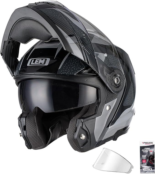 LEM Modular Motorcycle Helmets Fiberglass, Full Face Motorcycle Helmet Flip Up for Touring, DOT Certified, Release Sun Visor & Removable Comfort Liner, Lightweight Street Bike Helmet (Grey/Black,M)