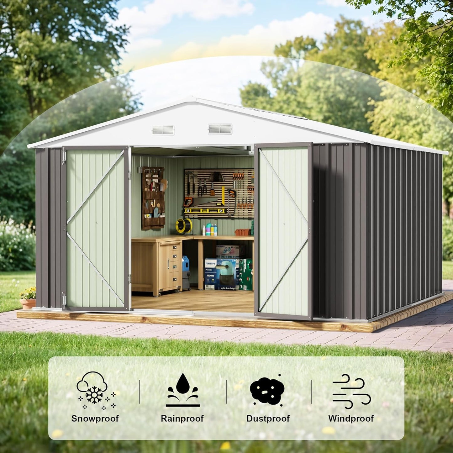 JUMMICO 10 x 10 FT Outdoor Storage Shed, Large Metal Garden Shed & Tool Sheds for Backyard Garden Patio Lawn (Grey)