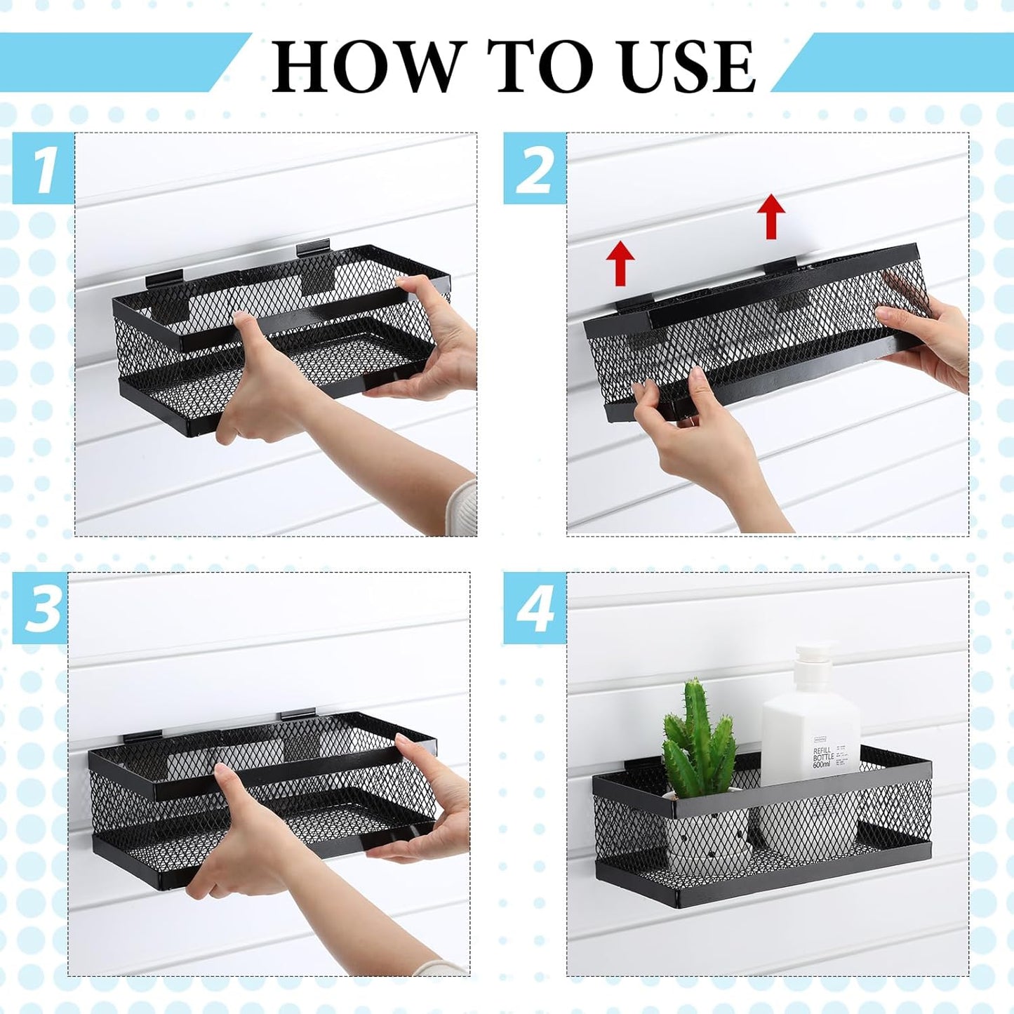 Coume 4 Pcs Black Slatwall Baskets 4 Size Metal Mesh Wire Basket for Slatwall Panels Ventilated Wall Mounted Hanging Accessories for Home Garage Retail Store Display Organizing(Mixed Size)