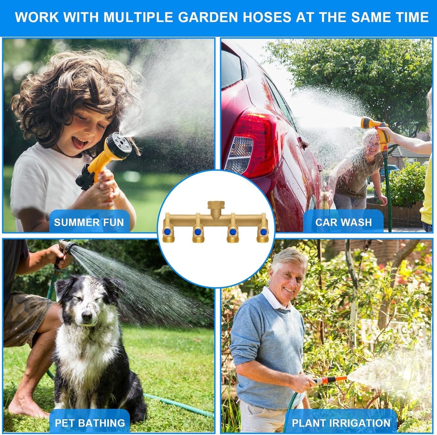 Brass Garden Hose Splitter, 4 Way Hose Splitter, Outdoor Hose Splitter, Outlet For Regulating And Shutting Off Water Flow