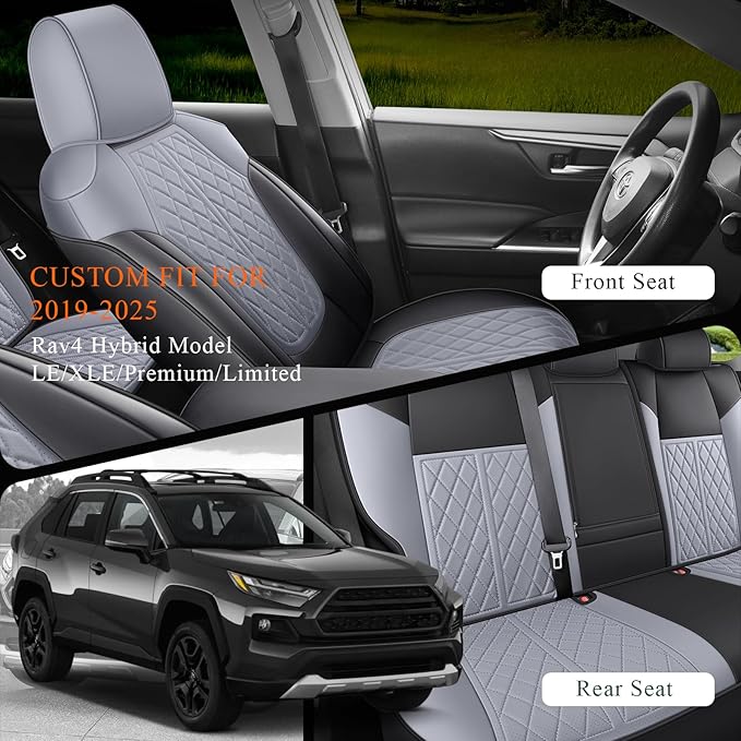 Rav4 Seat Covers Custom Fit for Toyota Rav4 Full Set Faux Leather Car Seat Covers Waterproof Full Coverage (Black & Grey, Hybrid Model 2019-2025 LE/XLE/Premium/Limited)
