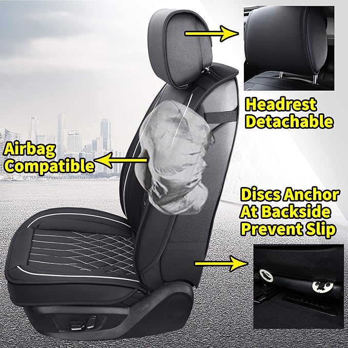 Aierxuan 2pcs Car Seat Covers Front Set with Waterproof Leather, Airbag Compatible Automotive Vehicle Cushion Cover Universal Fit for Most Cars (Black and White)