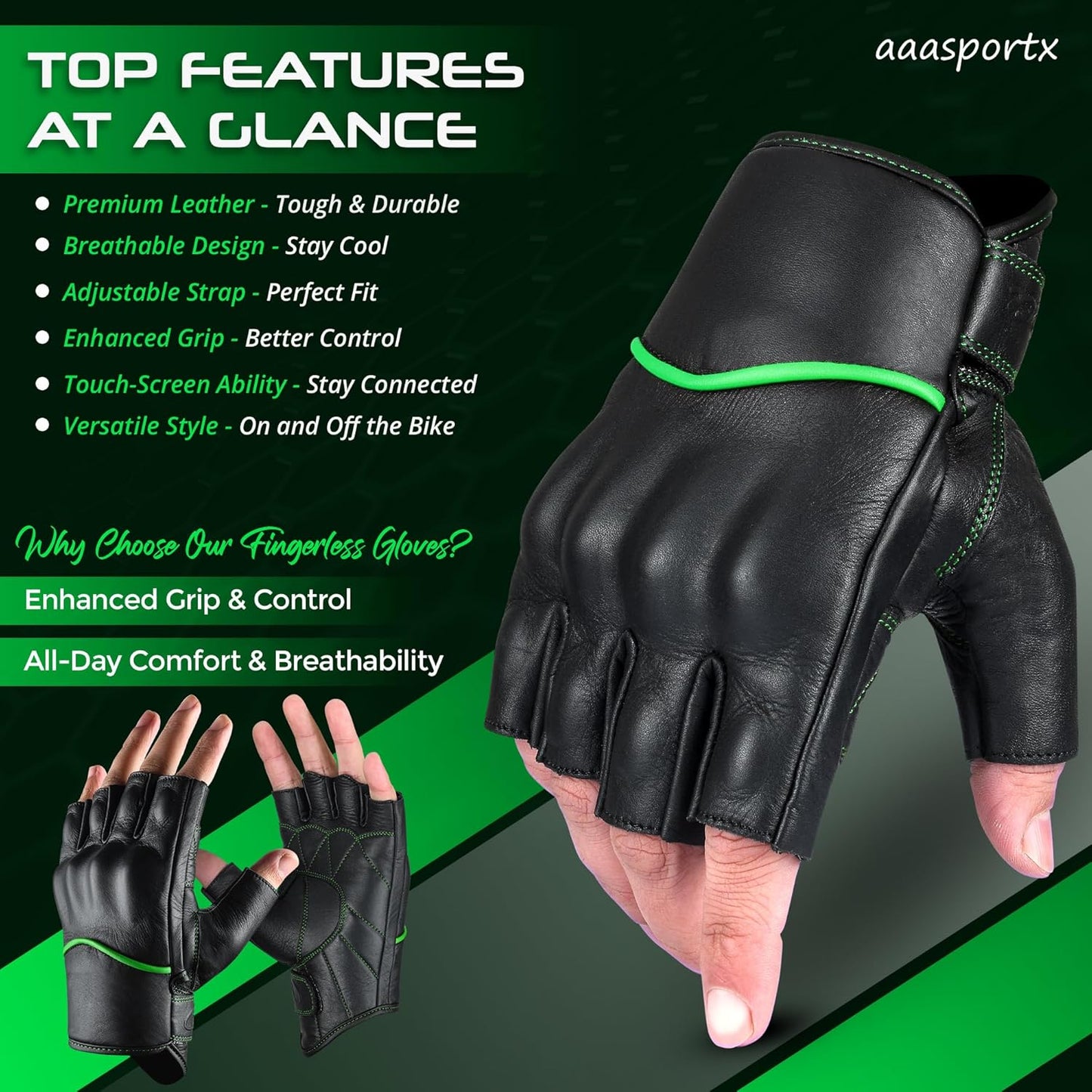 aasportx Motorcycle Gloves - Men's Leather Motorbike Gloves with Touchscreen Function - Non-Slip Pads for Men & Women