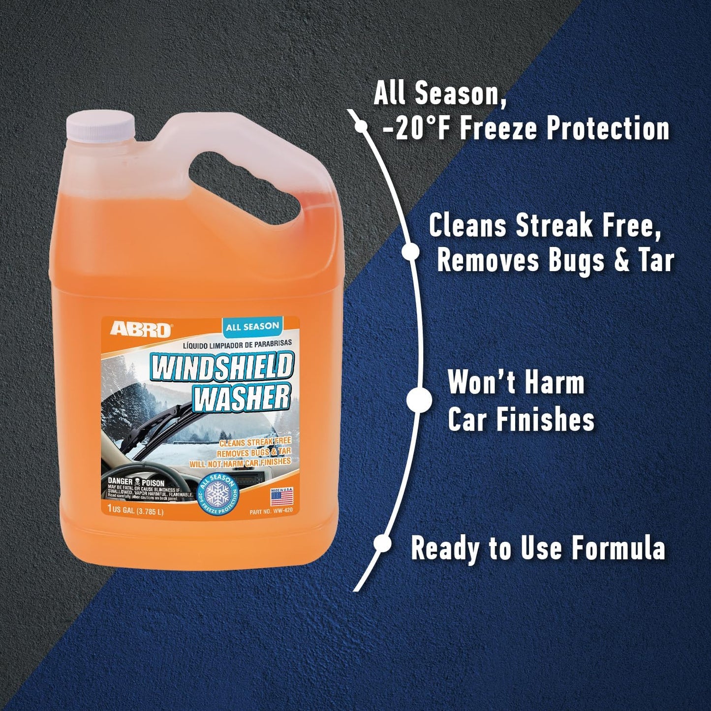 ABRO Car Windshield Washer Fluid: 1 Gallon, All Season/Weather Vehicle Window Cleaner | Streak-Free Clean | Bug and Tar Remover for Cars