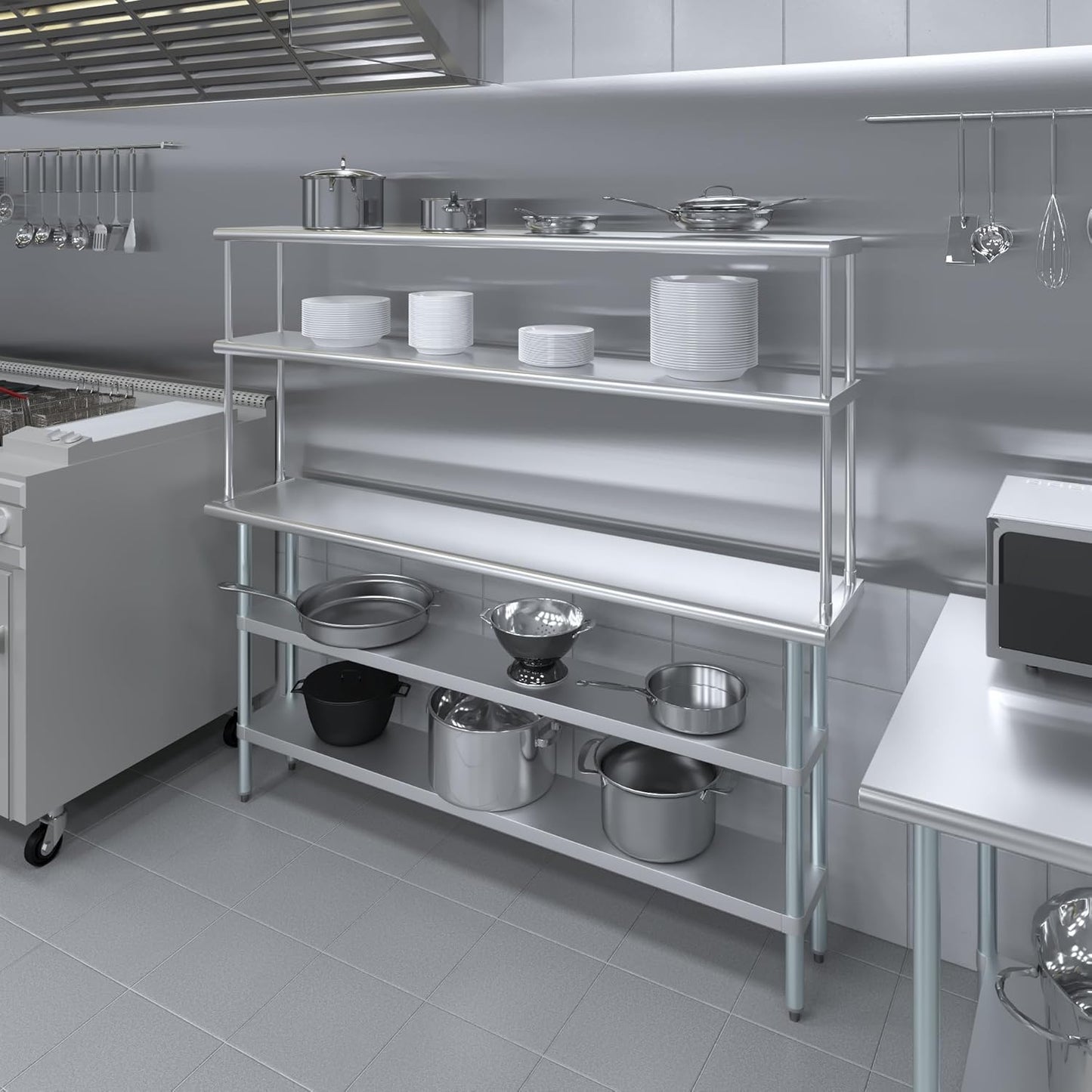 Amgood Stainless Steel Work Table with 2 Shelves & Overshelf | Metal Kitchen Prep & Shelving Combo (14" x 72" Table + 12" Overshelf)