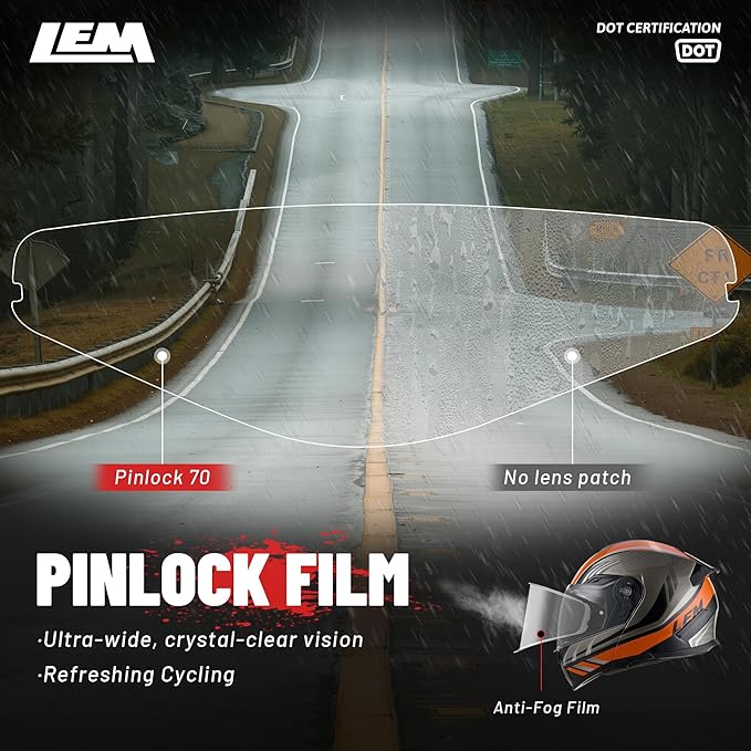 LEM Modular Motorcycle Helmets Fiberglass, Full Face Motorcycle Helmet Flip Up for Touring, DOT Certified, Release Sun Visor & Removable Comfort Liner, Lightweight Street Bike Helmet (Orange, S)