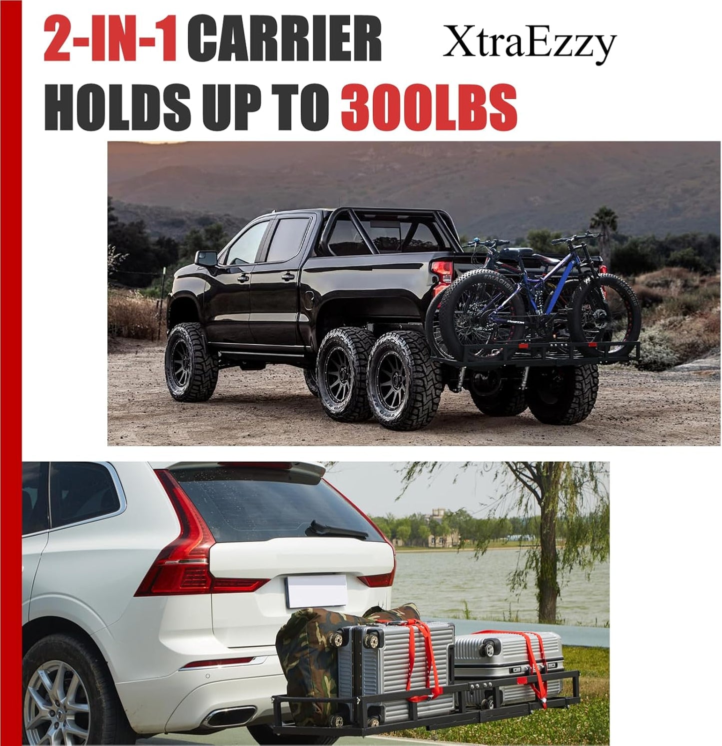 Hitch-Mount Bike Rack for Ebike Heavy-Duty - Comes with Cargo Carrier Fits 2 Electric Fat-Tire Mountain Bicycles Fits 2" Receiver for Car Trailer SUV Truck RV Minivan