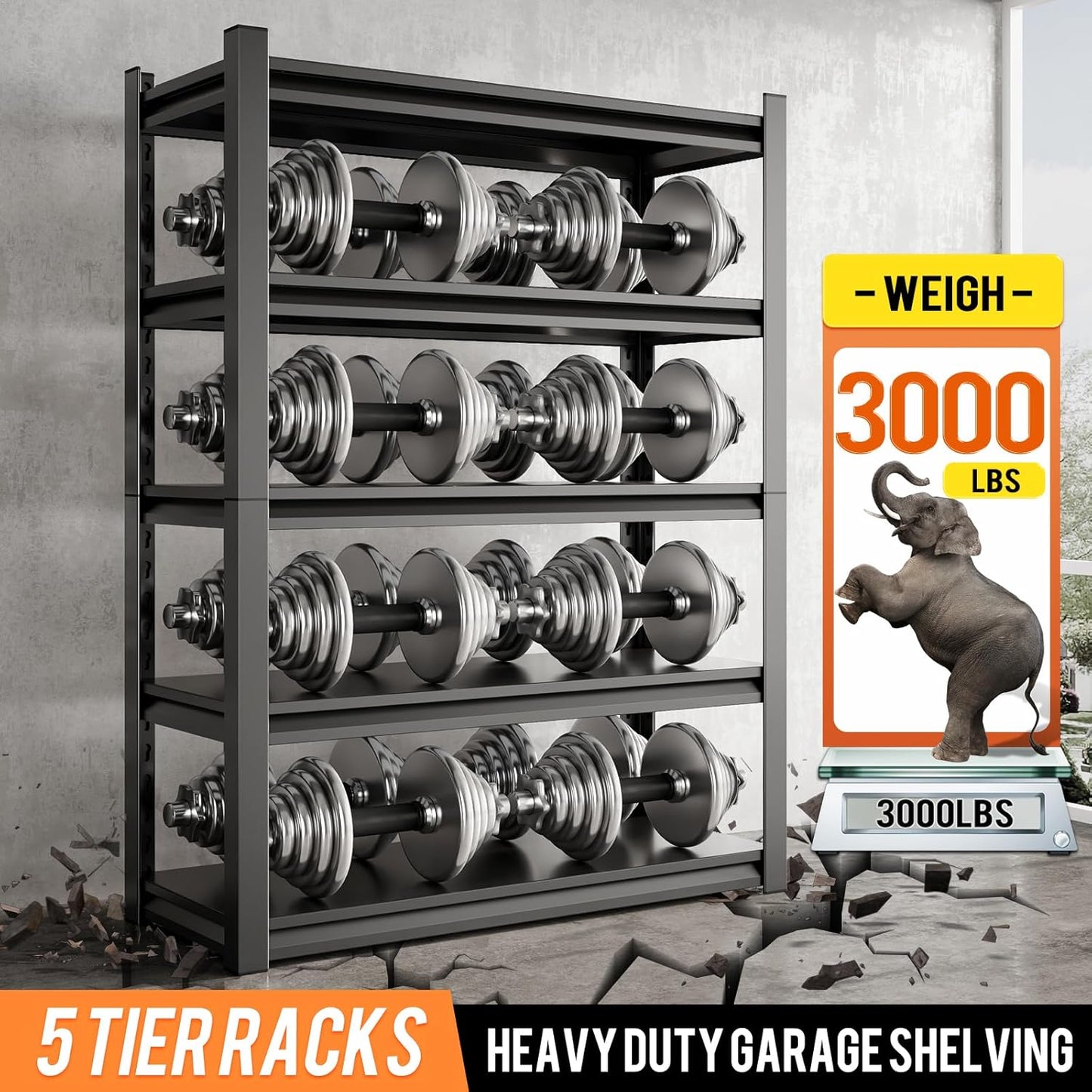 59" W Garage Shelving Unit, Garage Storage Shelves 3000LBS Heavy Duty Shelving, Adjustable 5 Tier Metal Shelves Utility Shelf, Storage Rack for Industrial, Warehouse, Basement (19.6" D*59" W*72" H)